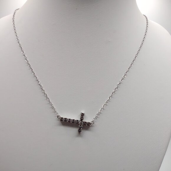 Sterling Silver 925 Necklace Cross Sparkly Sideways Affixed to 16" SS Chain - Picture 3 of 8
